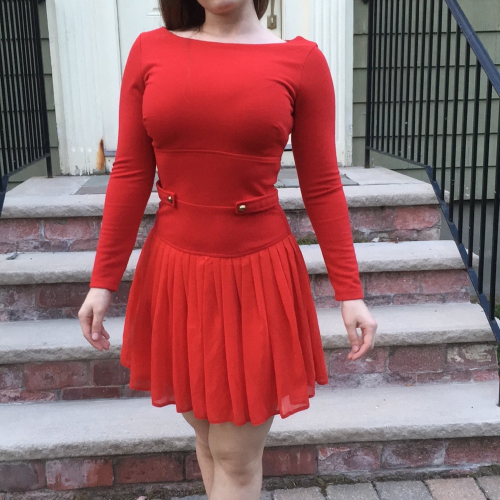 ASOS red drop waist pleated skirt dress - Picture 1 of 5